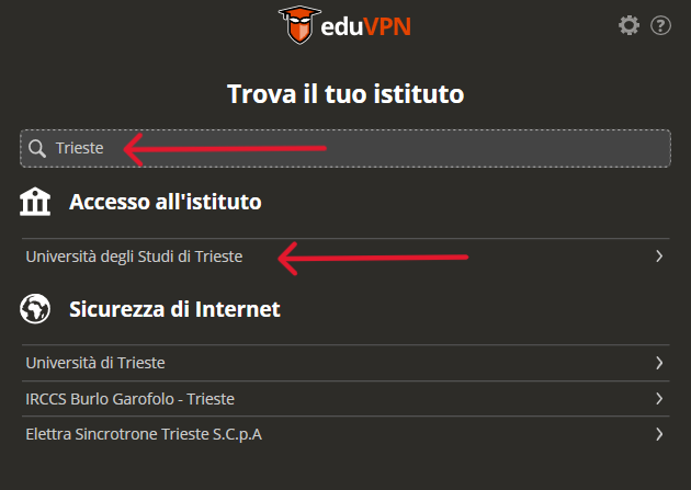 Schermata di selezione dell'istituto in eduVPN: scegliere Accesso all'Istituto e cercare Università degli Studi di Trieste