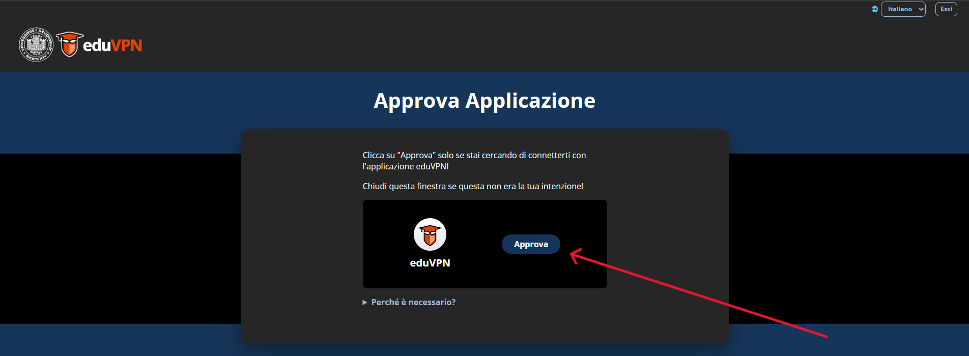 Schermata di approvazione dell'applicazione eduVPN