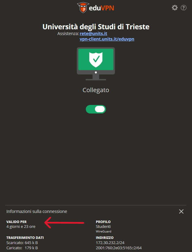 Stato Connected in eduVPN con indicazione della durata del profilo (5 giorni)